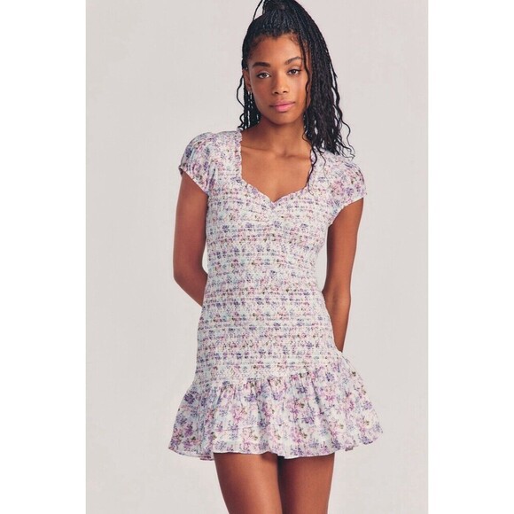 LOVESHACKFANCY Floral Smocked Mini Dress Puff Sleeve Asymmetric Ruffle Coquette - Picture 1 of 13